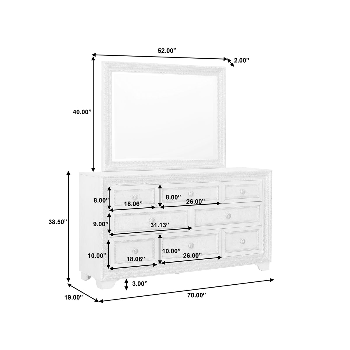 a white dresser with a mirror and drawers
