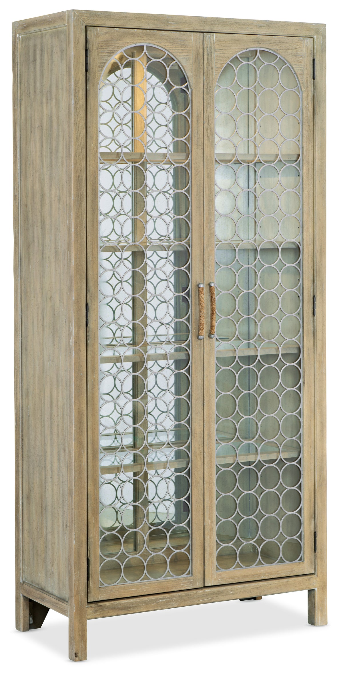 a wooden cabinet with glass doors
