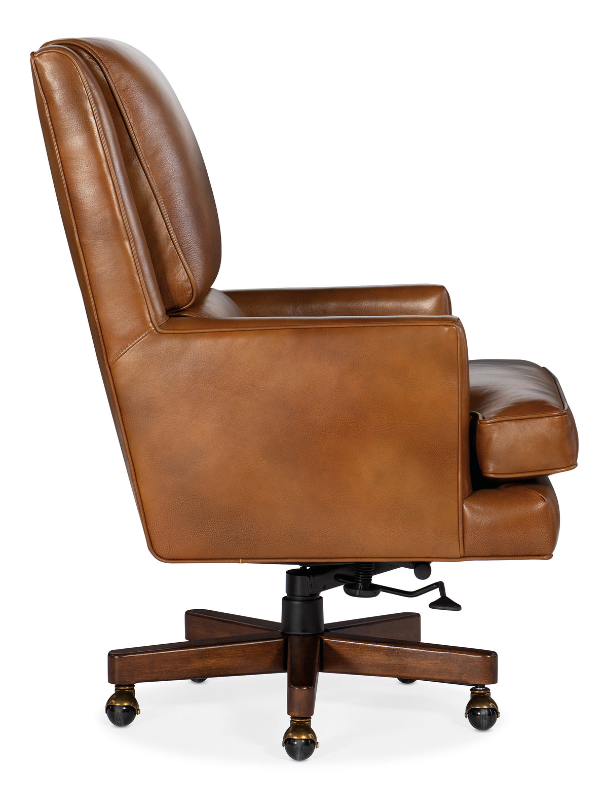 a brown leather chair with wheels