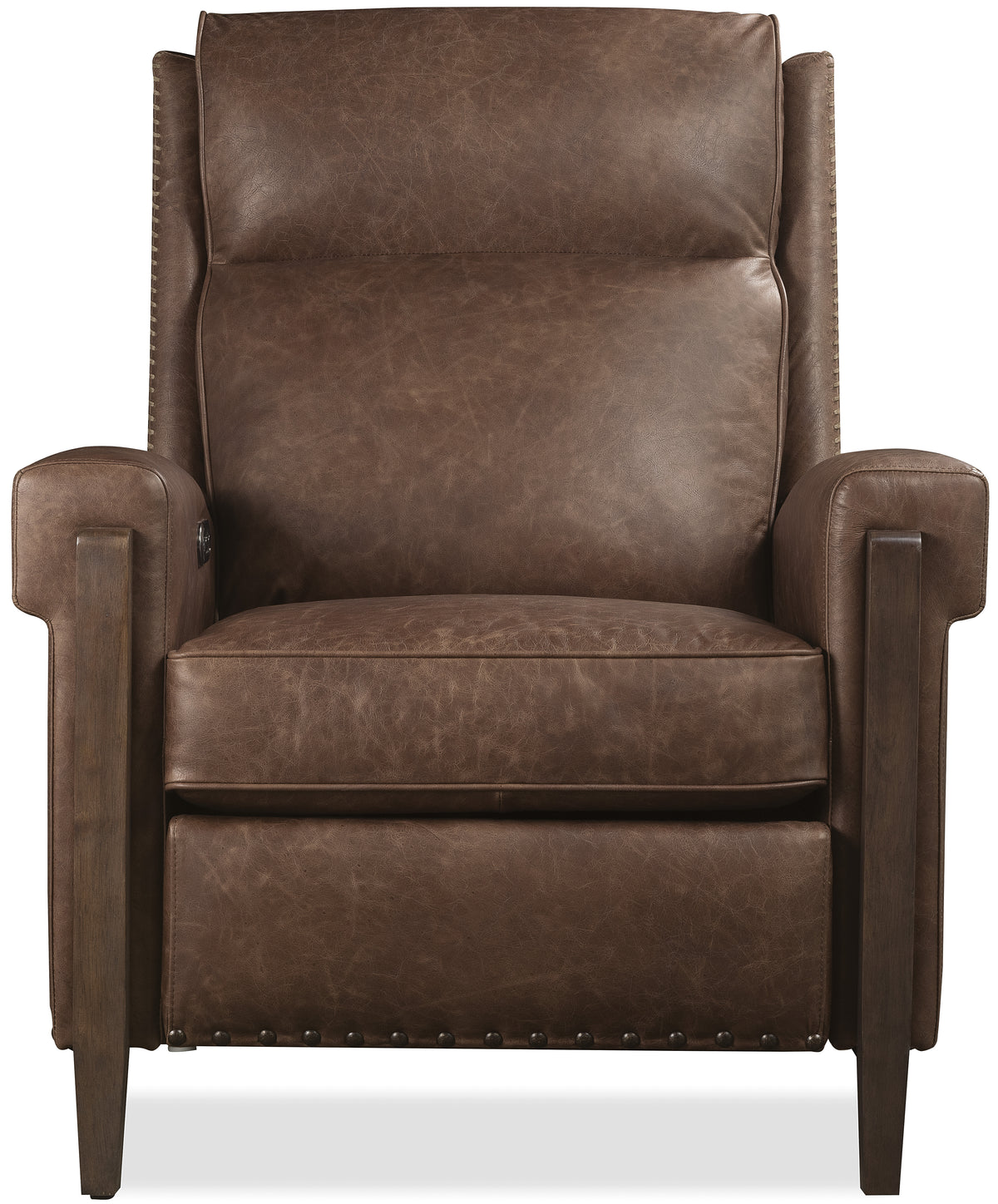 a brown leather chair with wooden legs