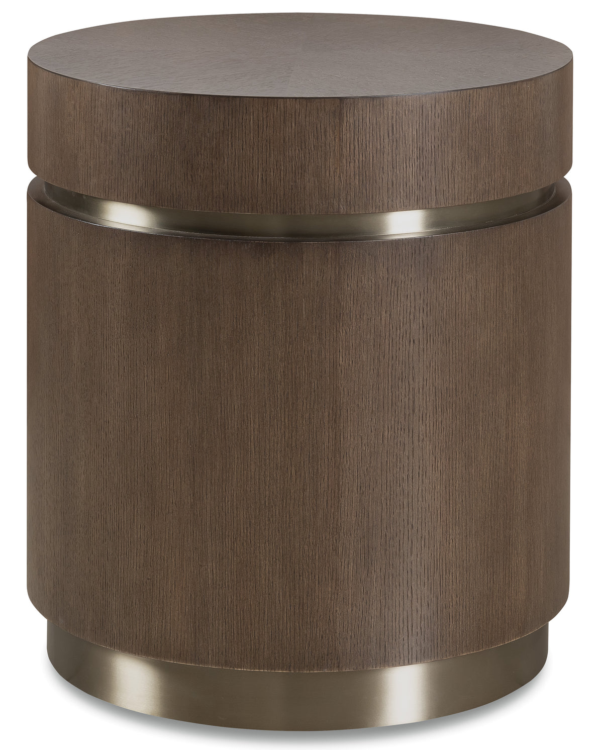 a round wooden cylinder with a silver band