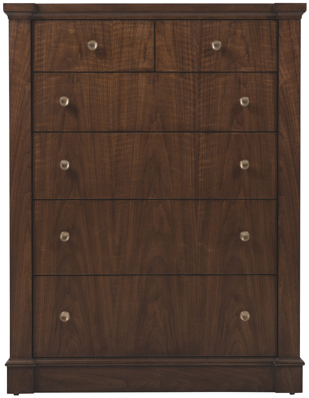 a brown dresser with silver knobs
