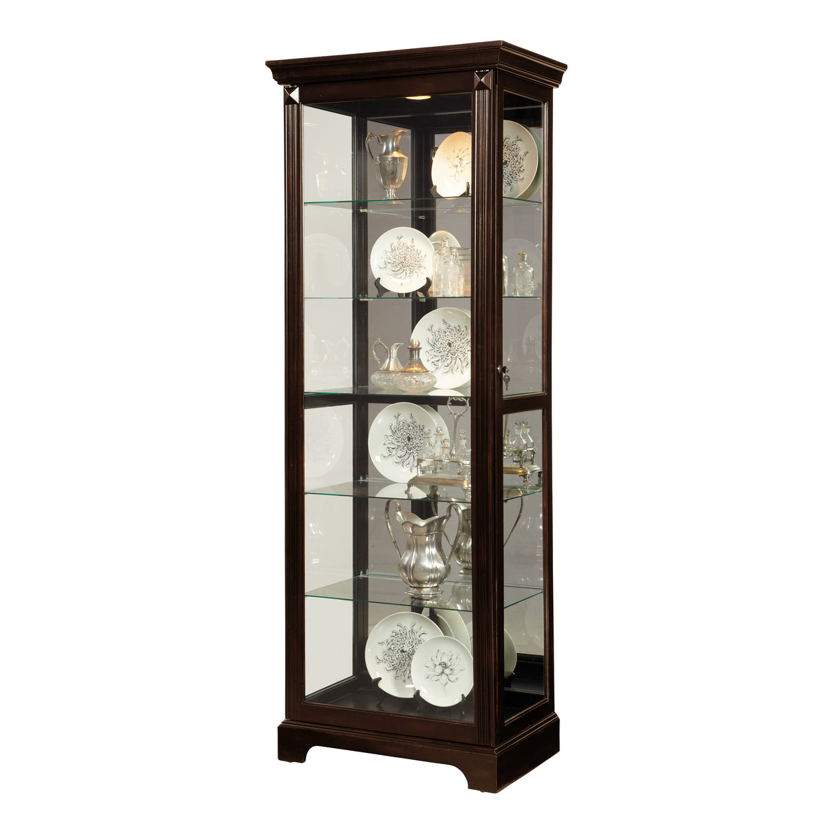 a glass cabinet with plates on it