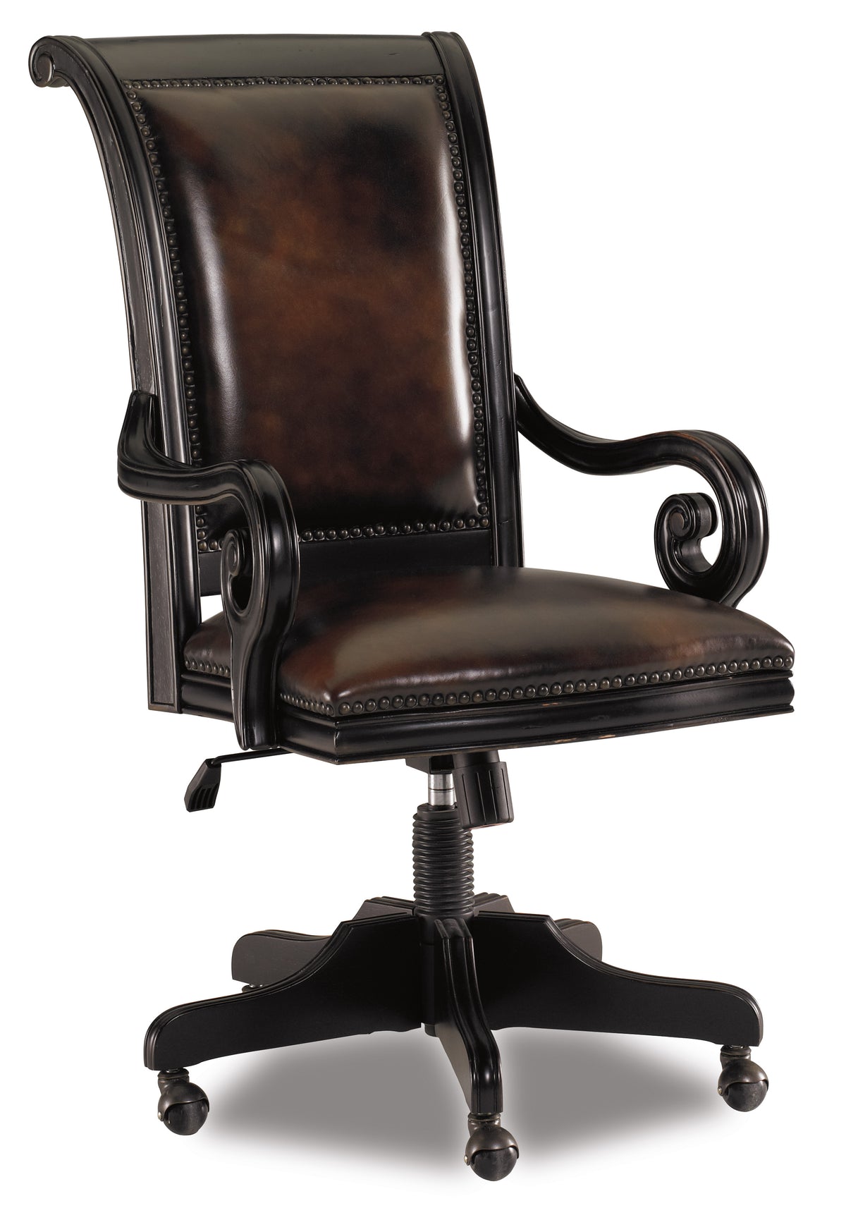 a brown leather chair with black legs