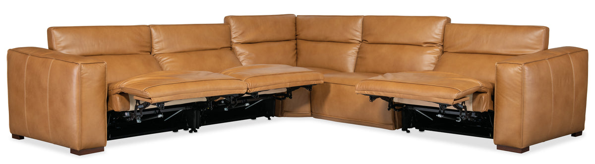 a brown leather couch with a recliner