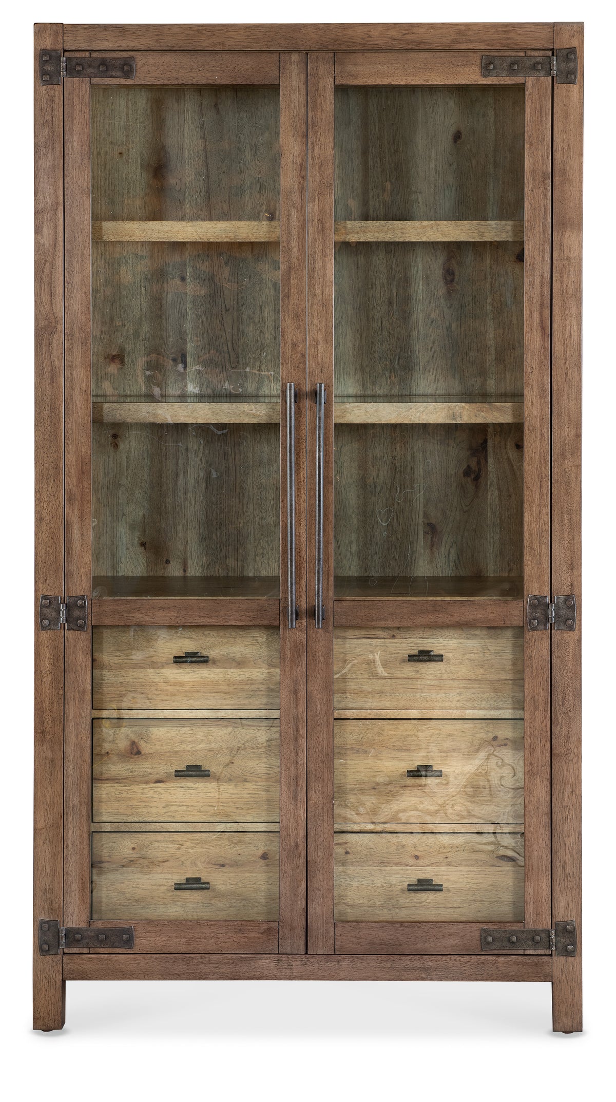 a wood cabinet with glass doors