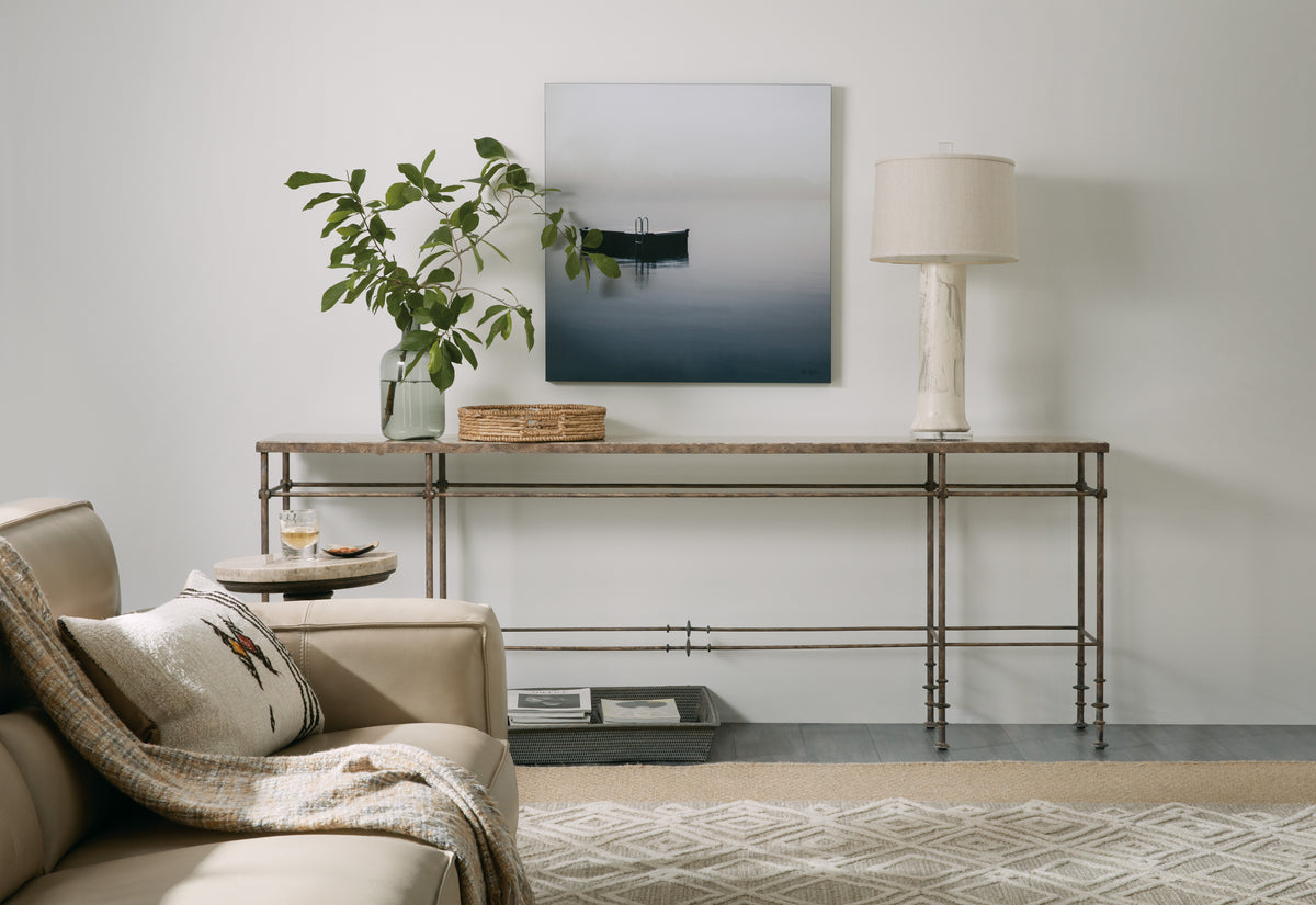 a living room with a couch and a table