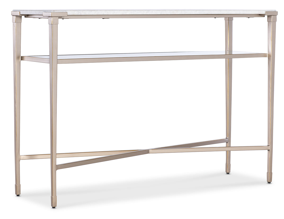 a white table with a metal frame
