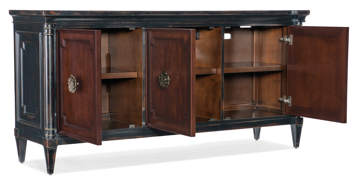 a wooden cabinet with open doors