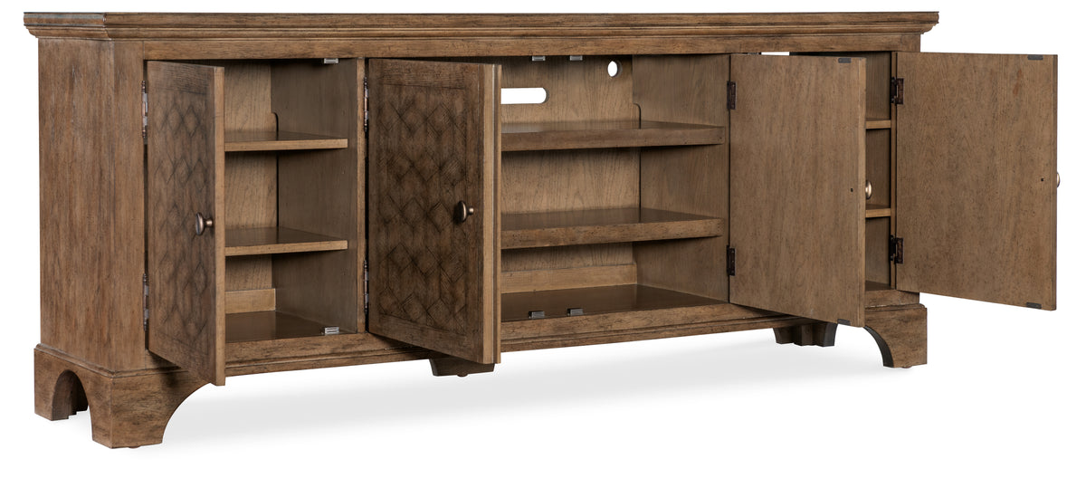 a wooden cabinet with open shelves