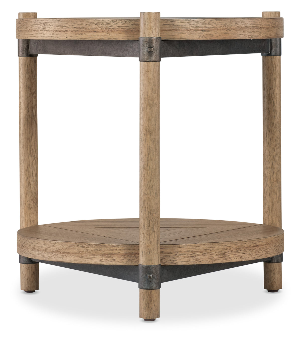 a round wood and metal table