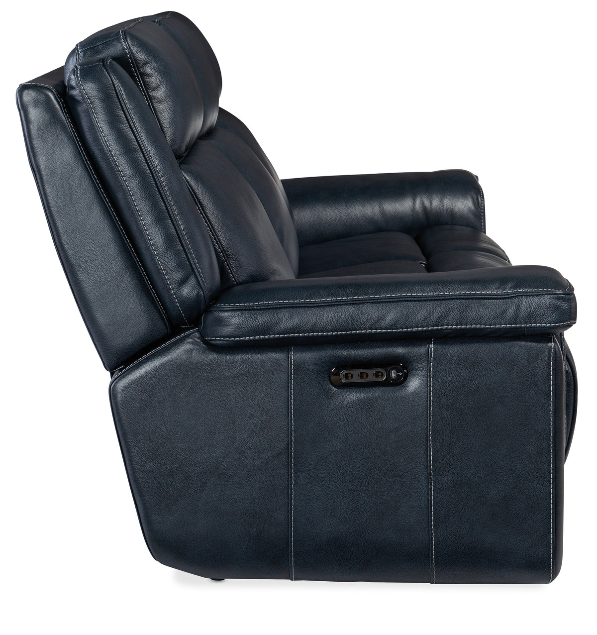 a black leather recliner with a white background