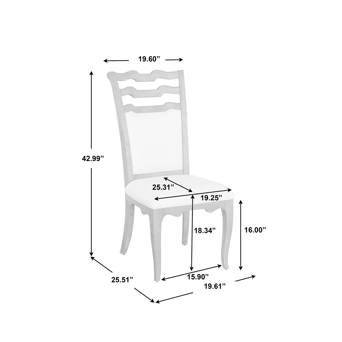 a white chair with measurements