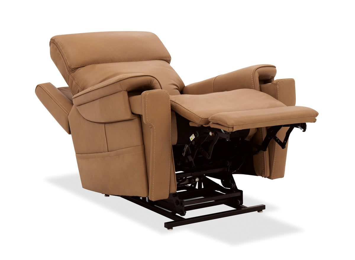 a brown recliner with a black base