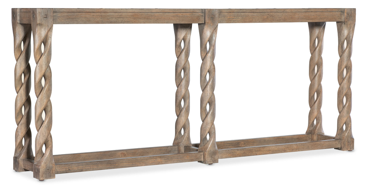 a wooden table with a twisted wood frame