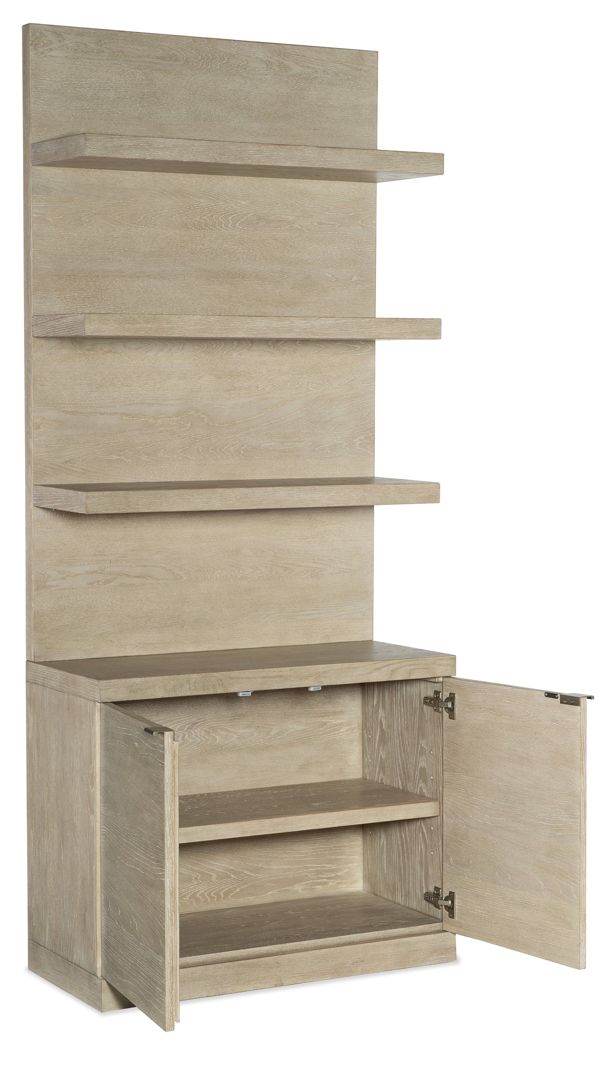a wood shelf with open shelves