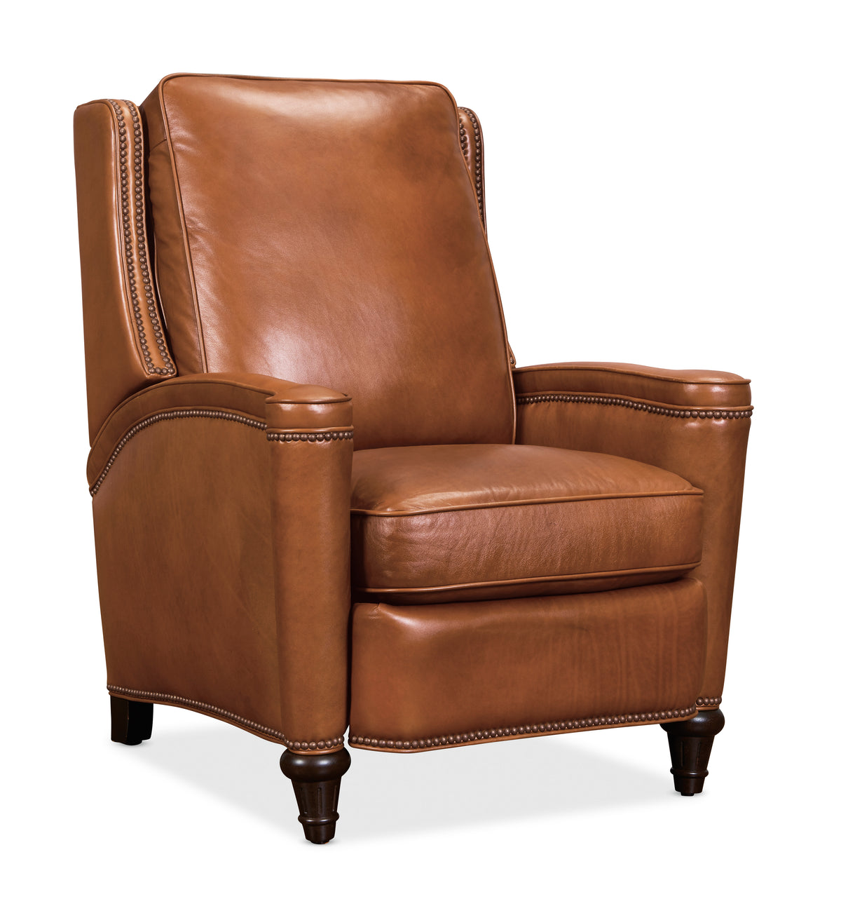 a brown leather chair with wooden legs