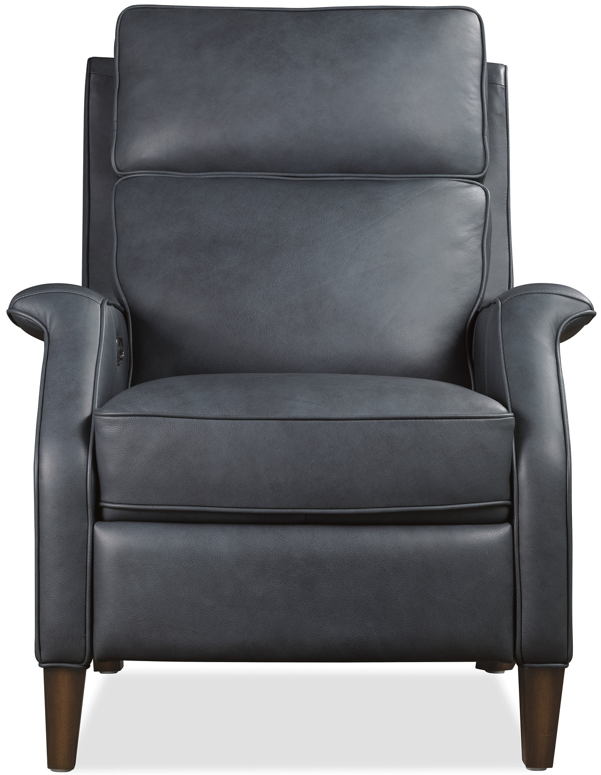 a grey leather chair with wooden legs