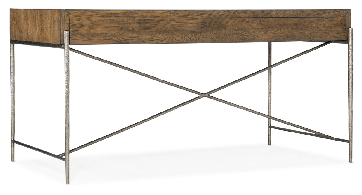 a wooden table with metal legs