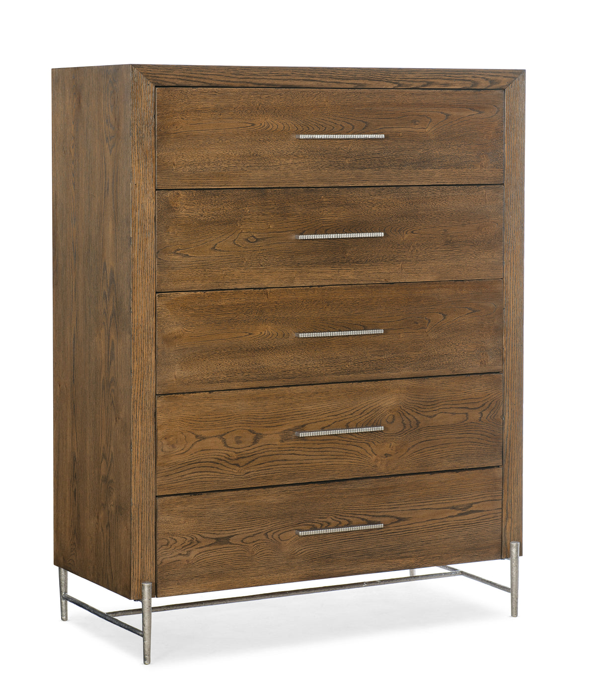 a wooden dresser with metal legs