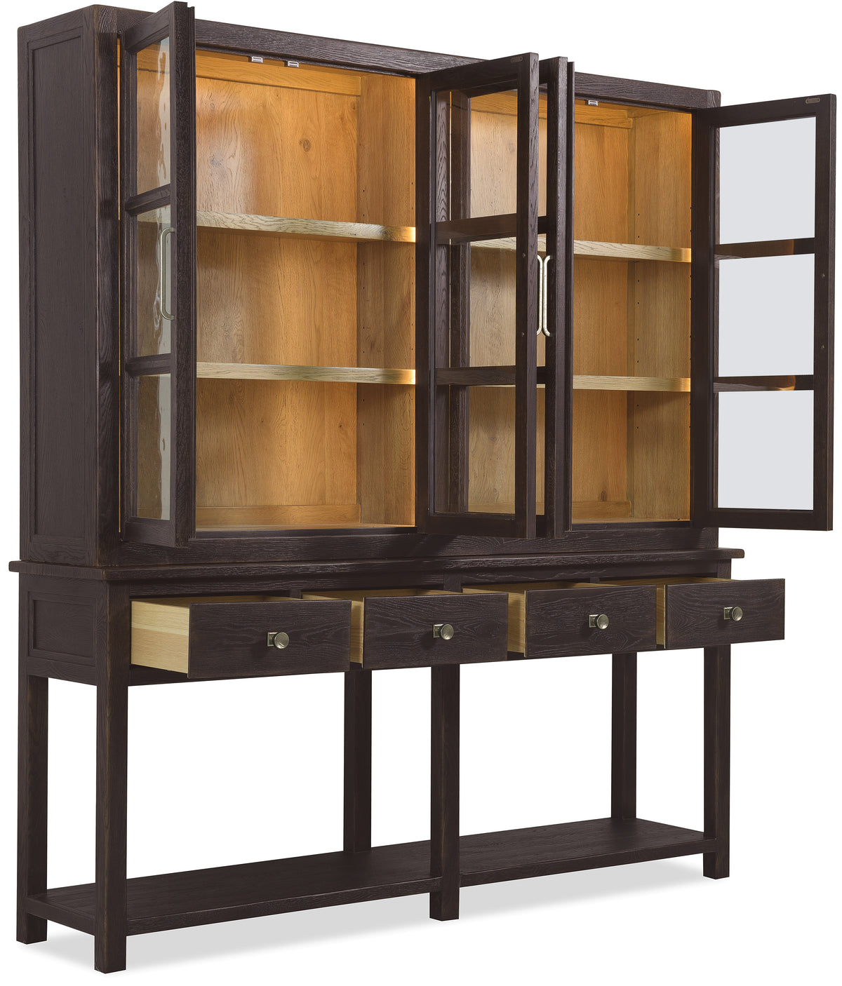 a wooden cabinet with glass doors
