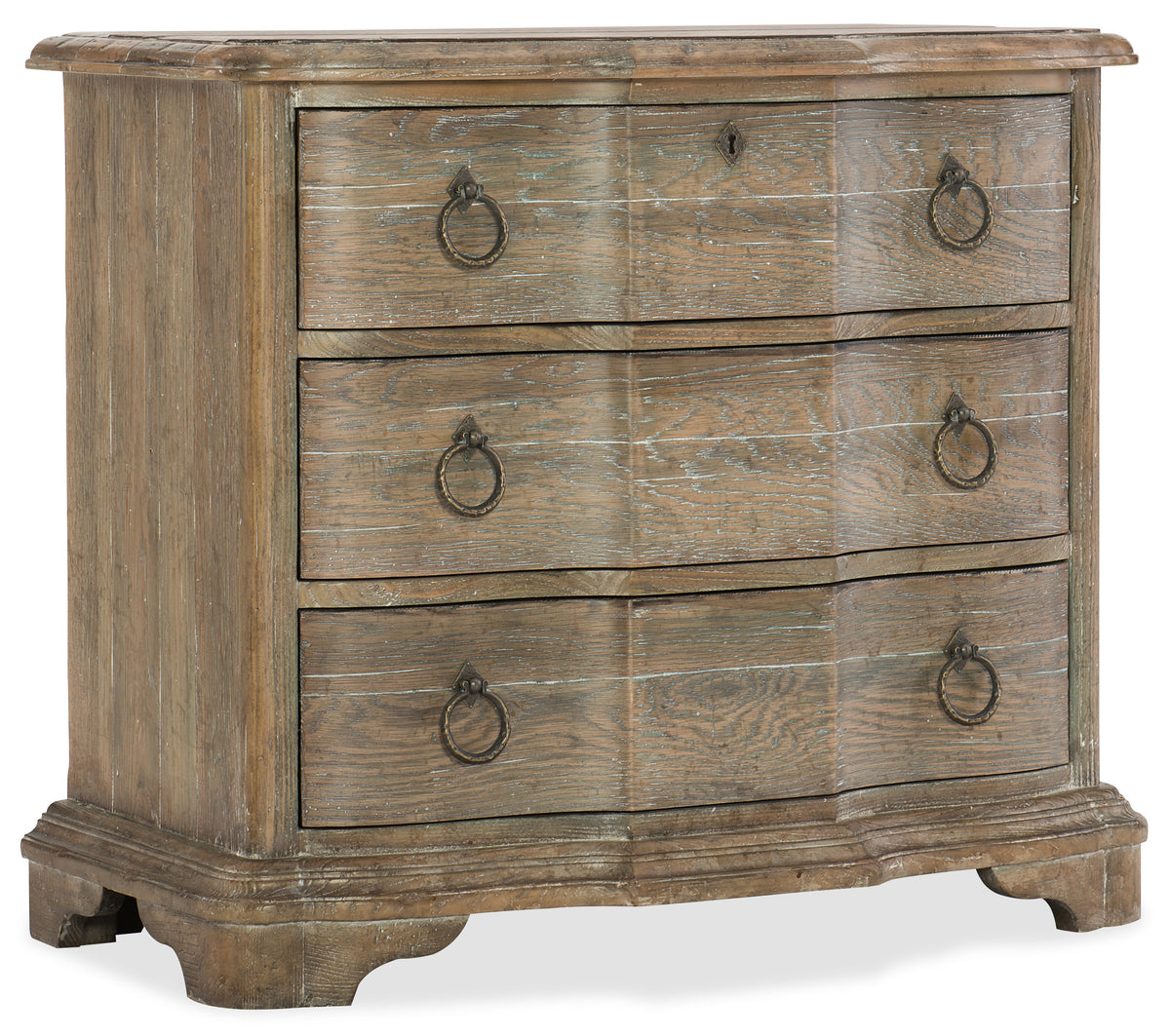 a wooden dresser with metal rings