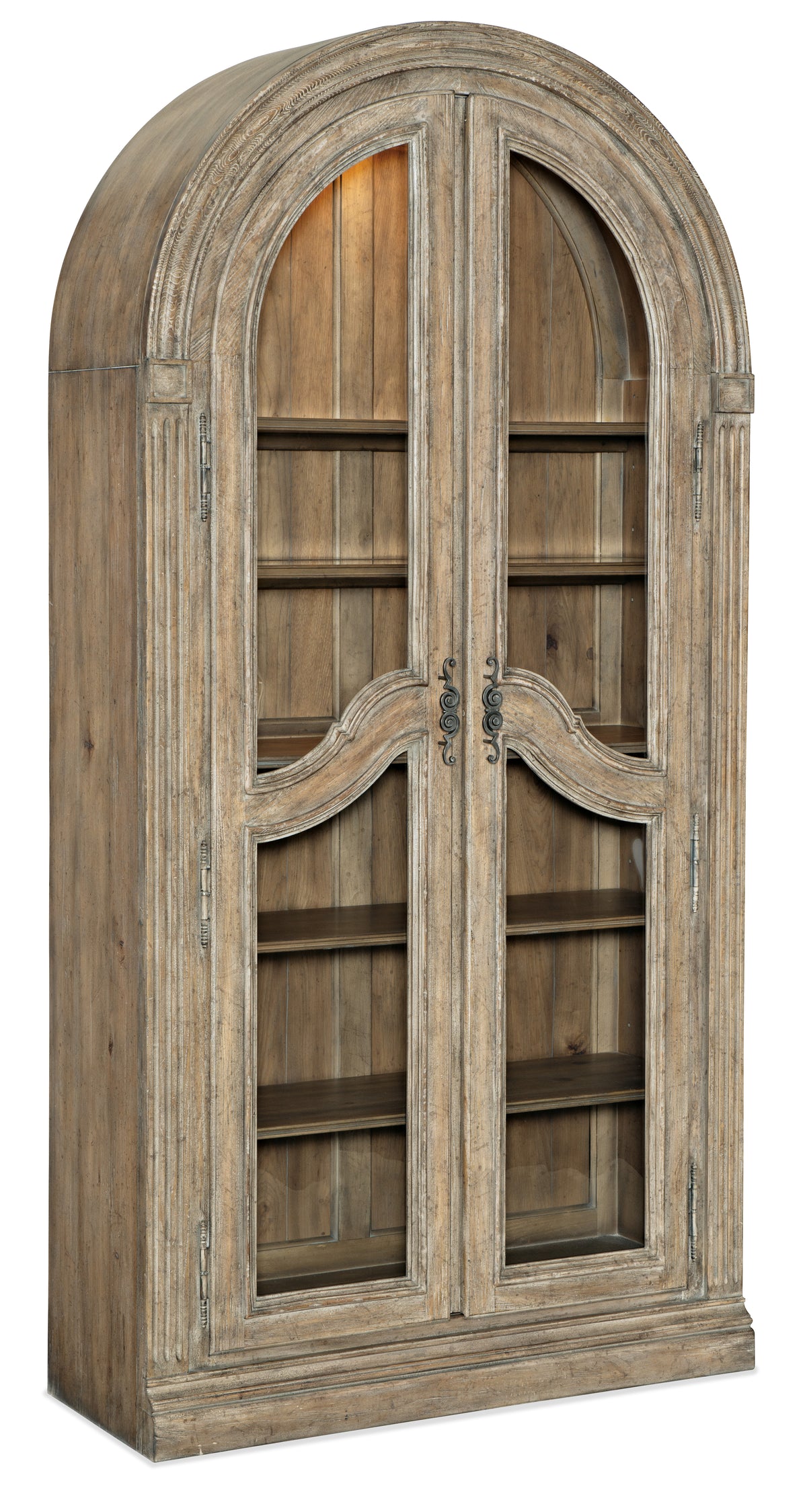 a wooden cabinet with glass doors