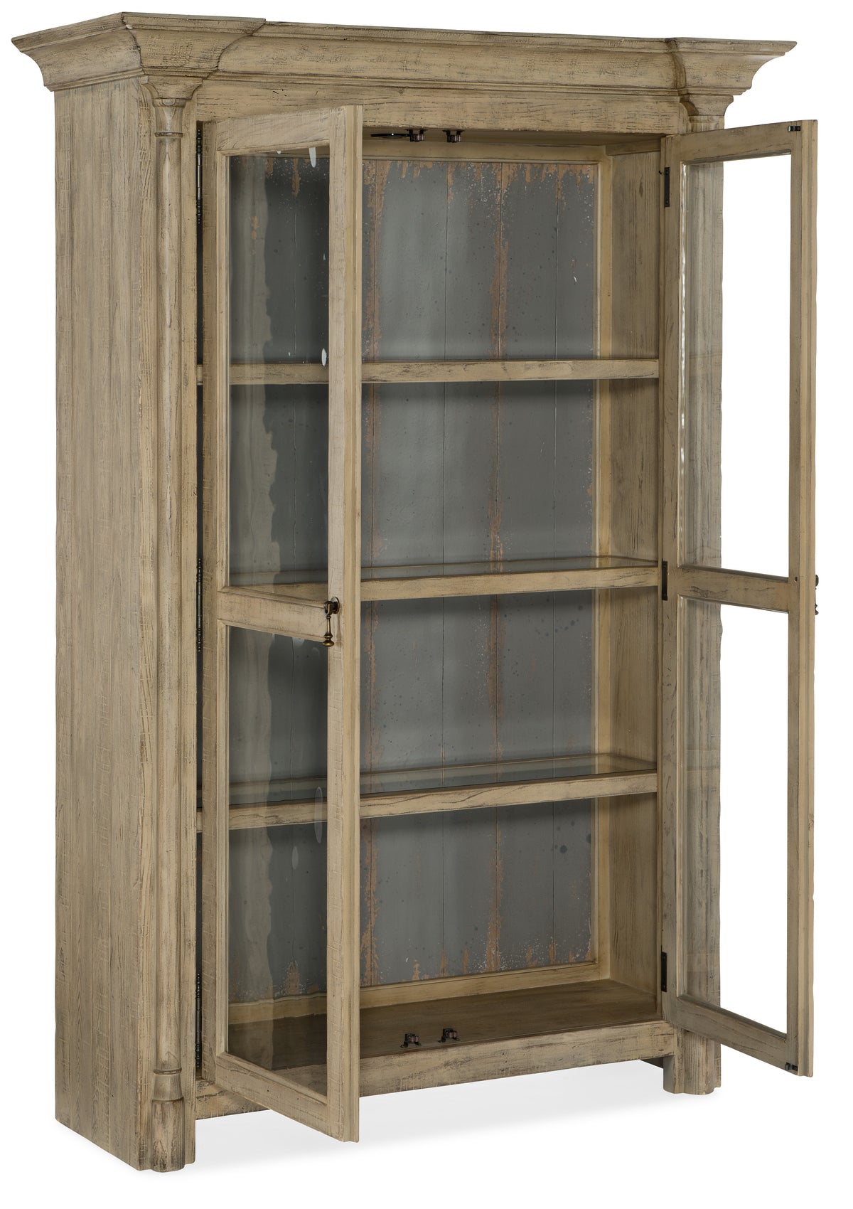 a wooden cabinet with glass doors
