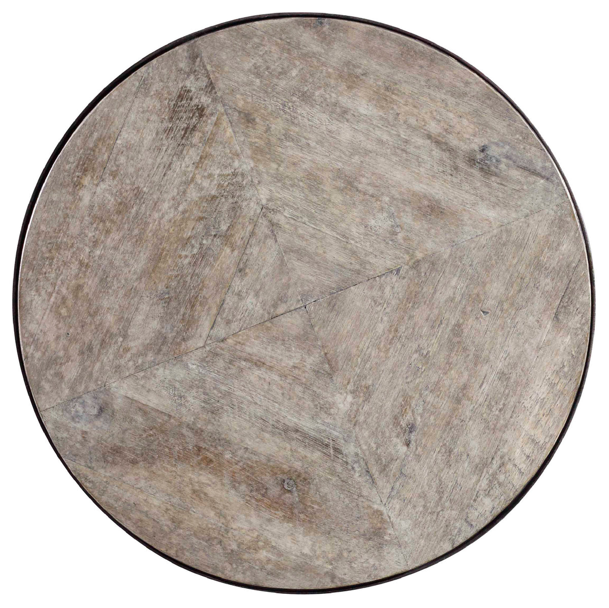 a circular wooden surface with a triangle pattern