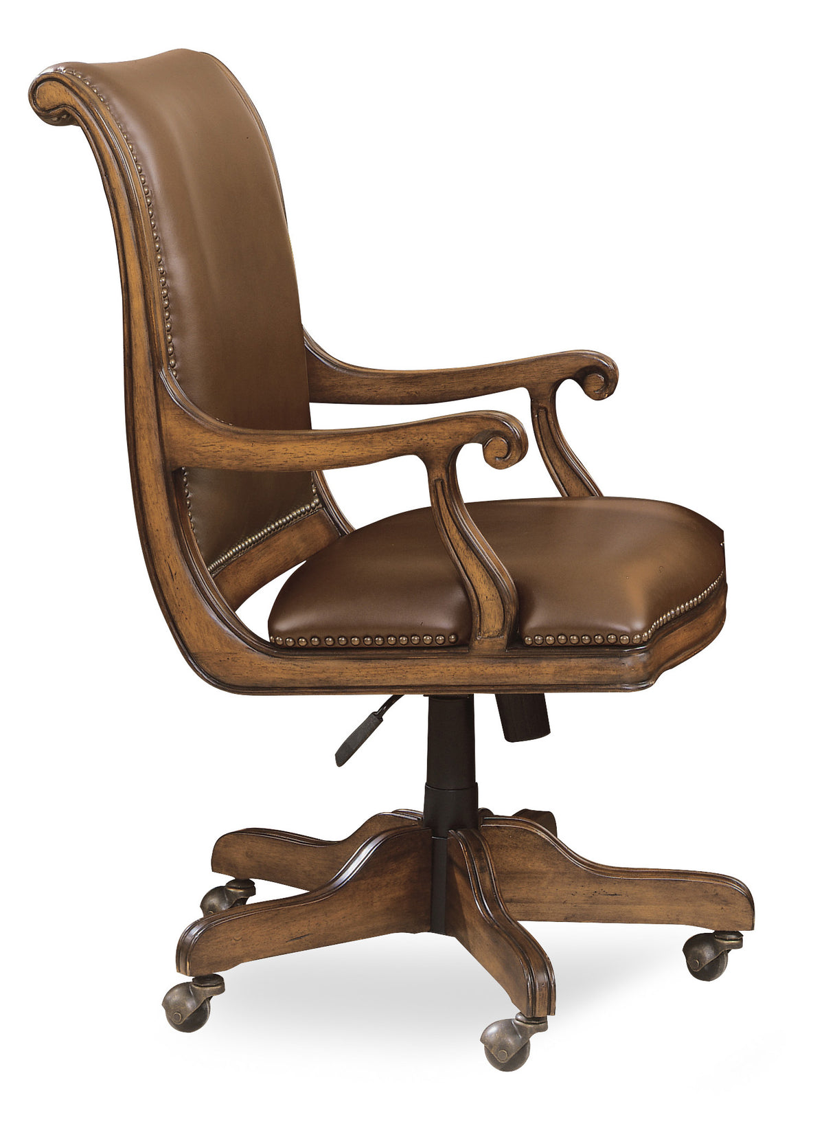 a brown leather chair with wheels