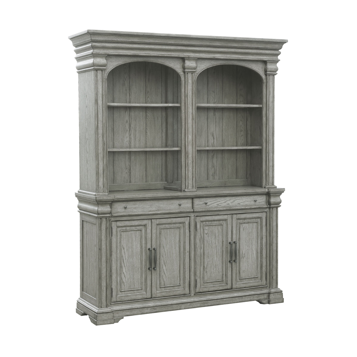 a grey wooden cabinet with two shelves