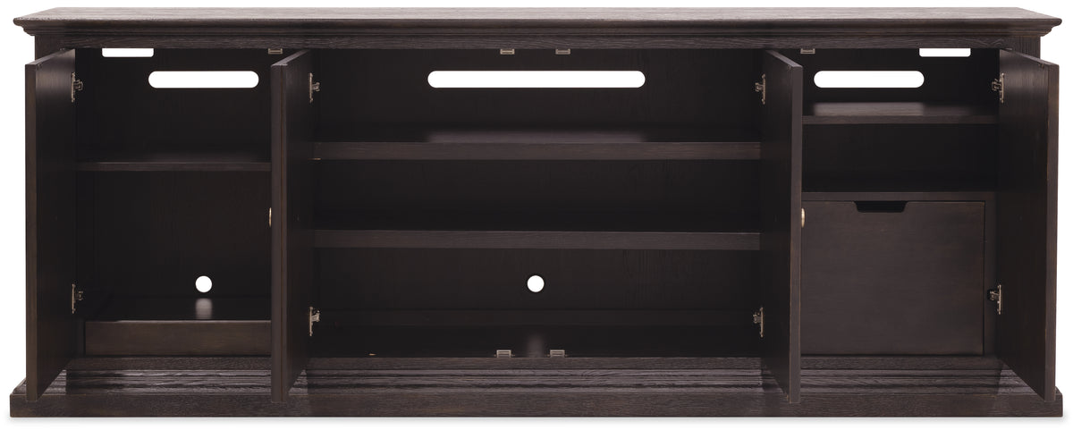 a black wooden shelf with a hole in the middle