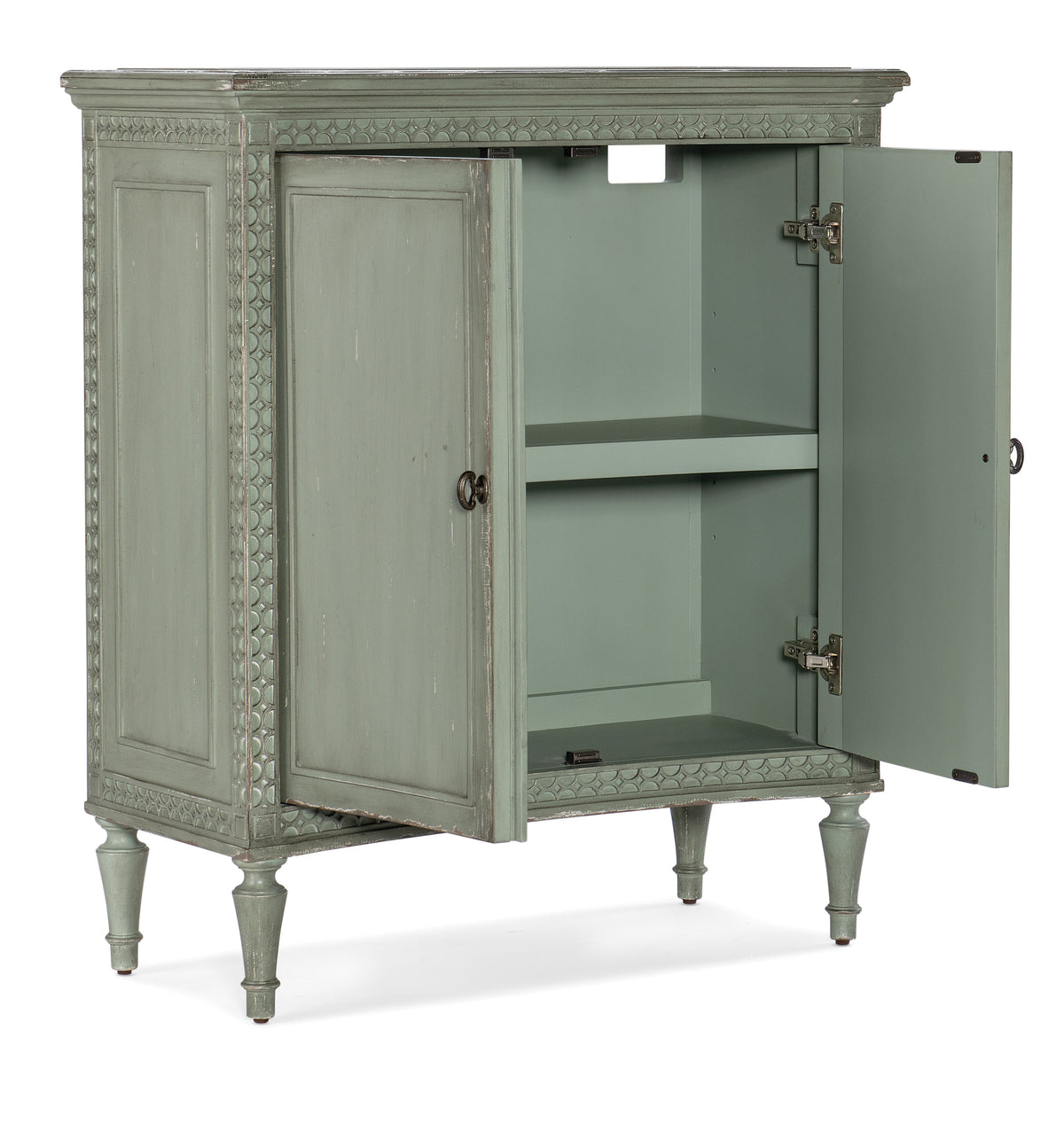 a cabinet with a door open
