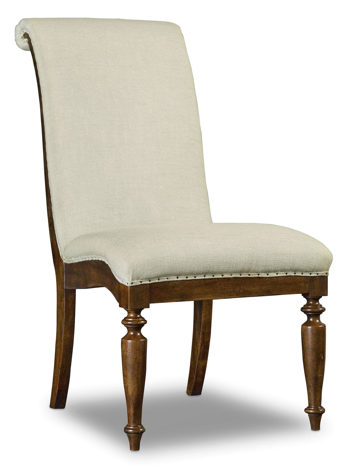 a white chair with wooden legs