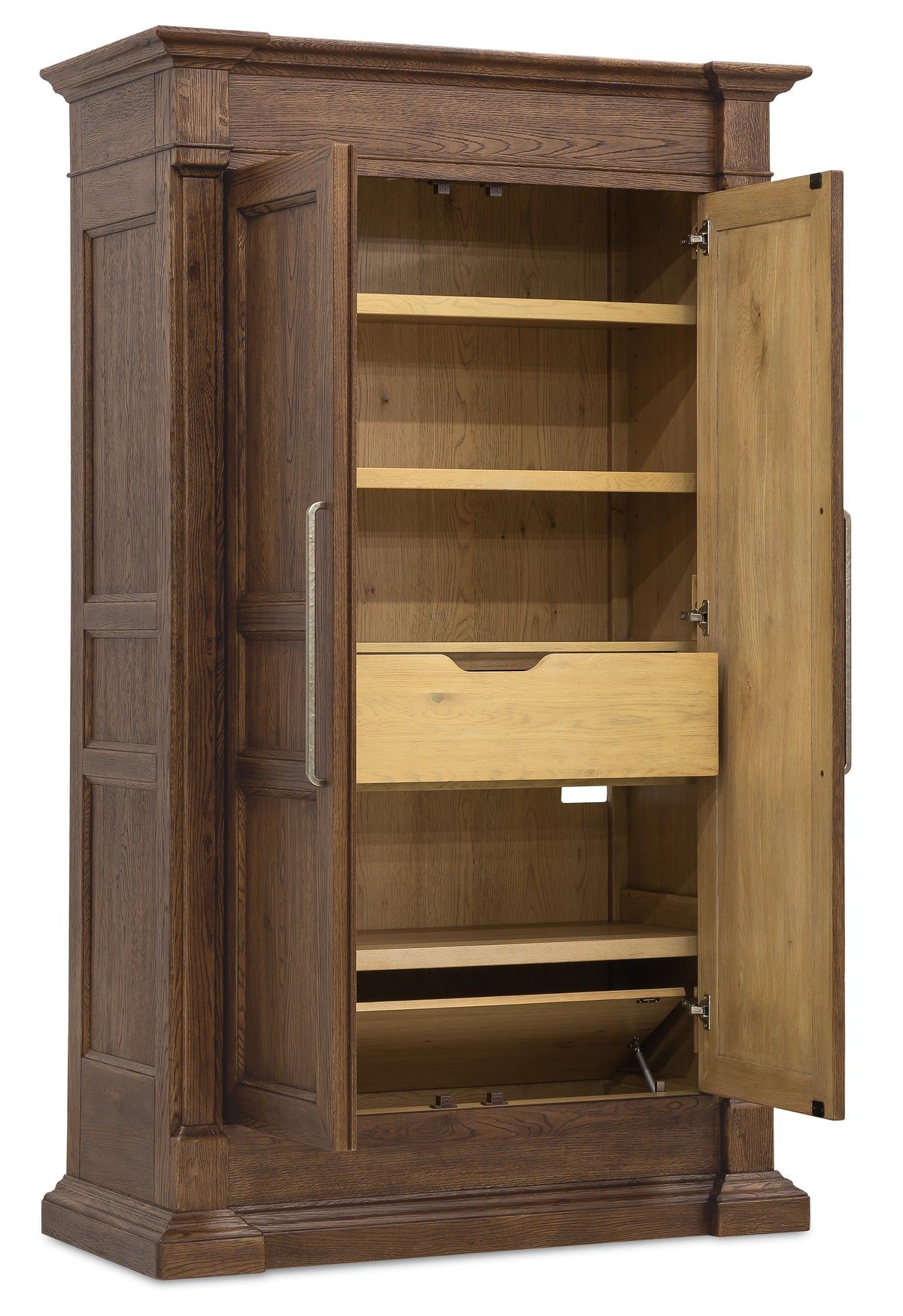 a wooden cabinet with shelves