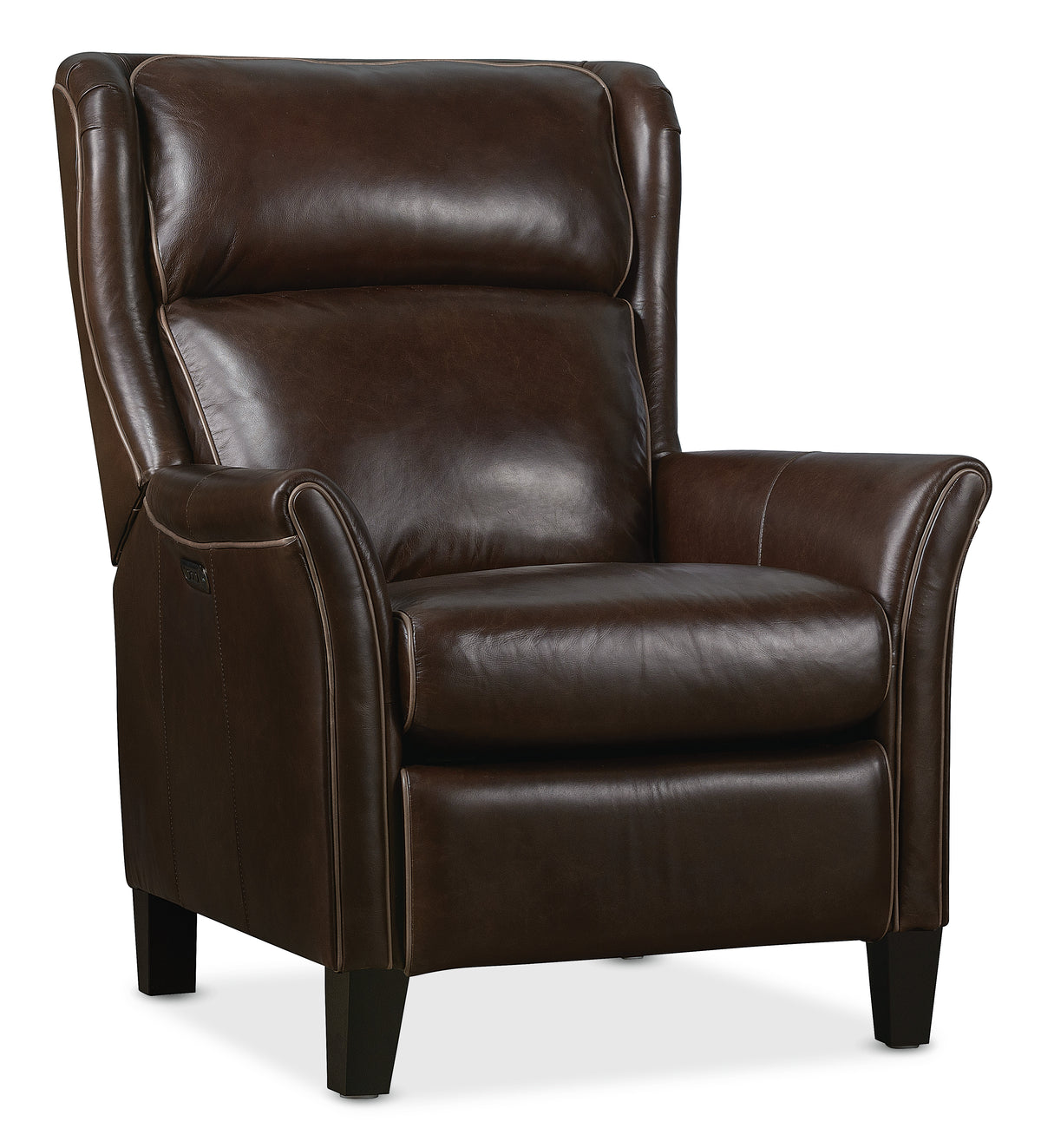 a brown leather chair with wooden legs