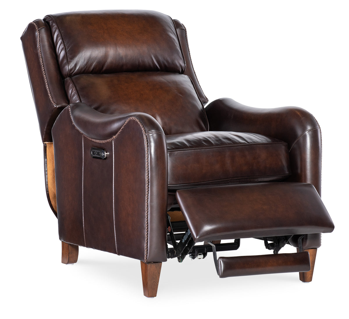 a brown leather recliner with a white background