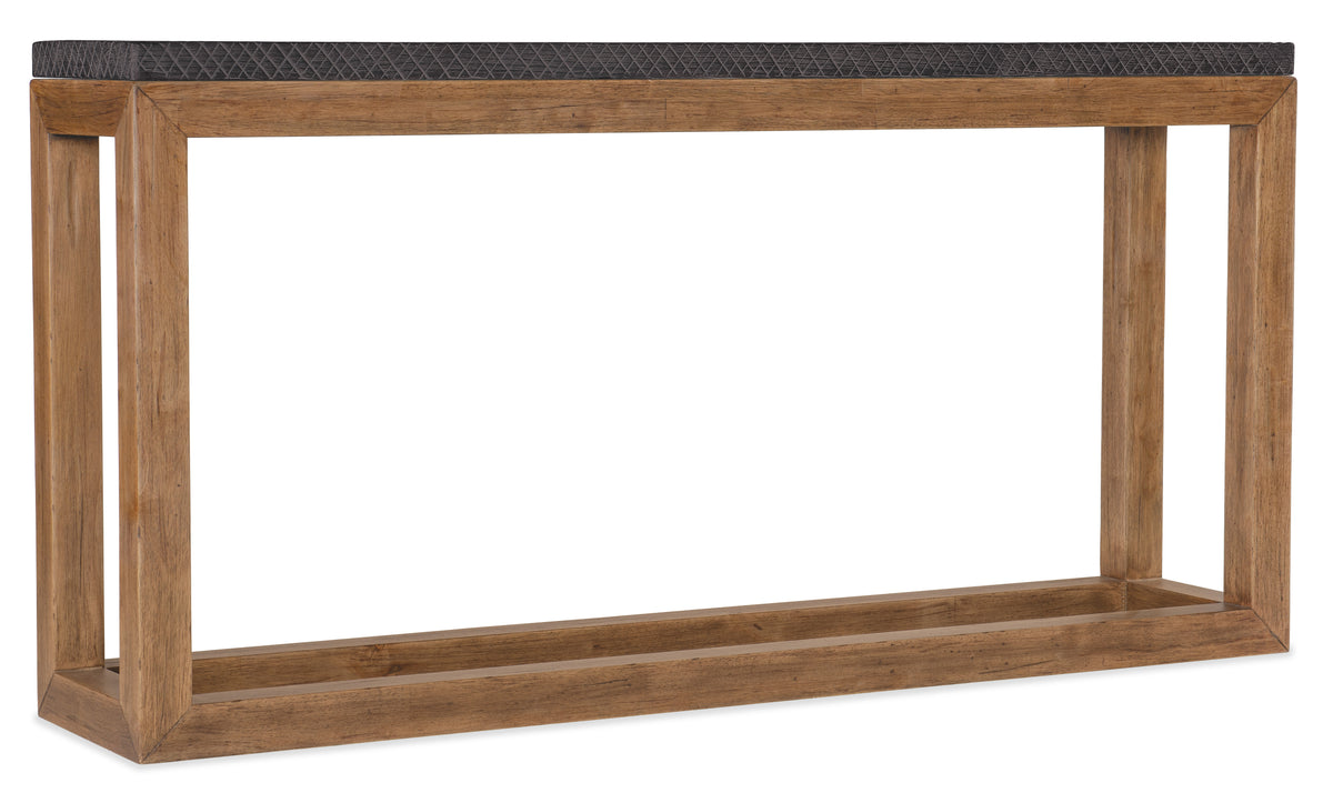 a wooden table with a black top
