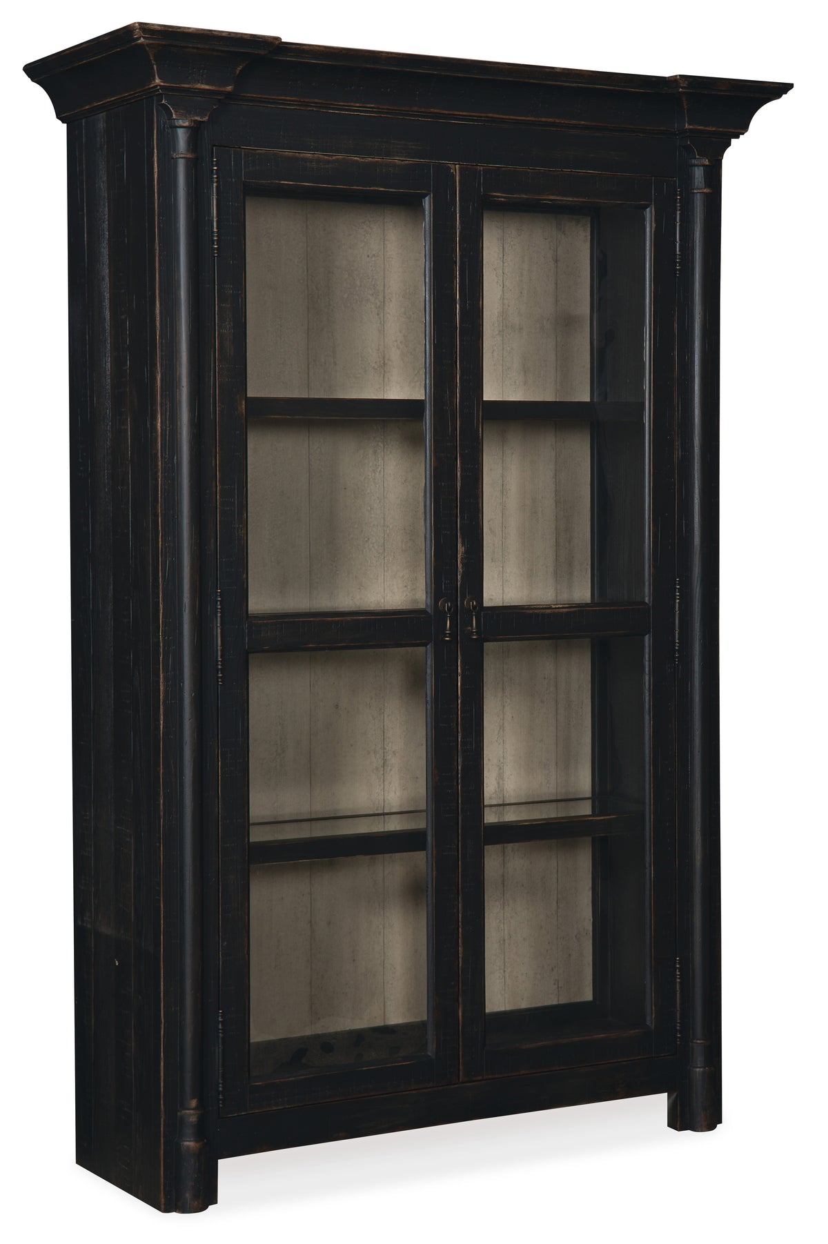 a black cabinet with glass doors