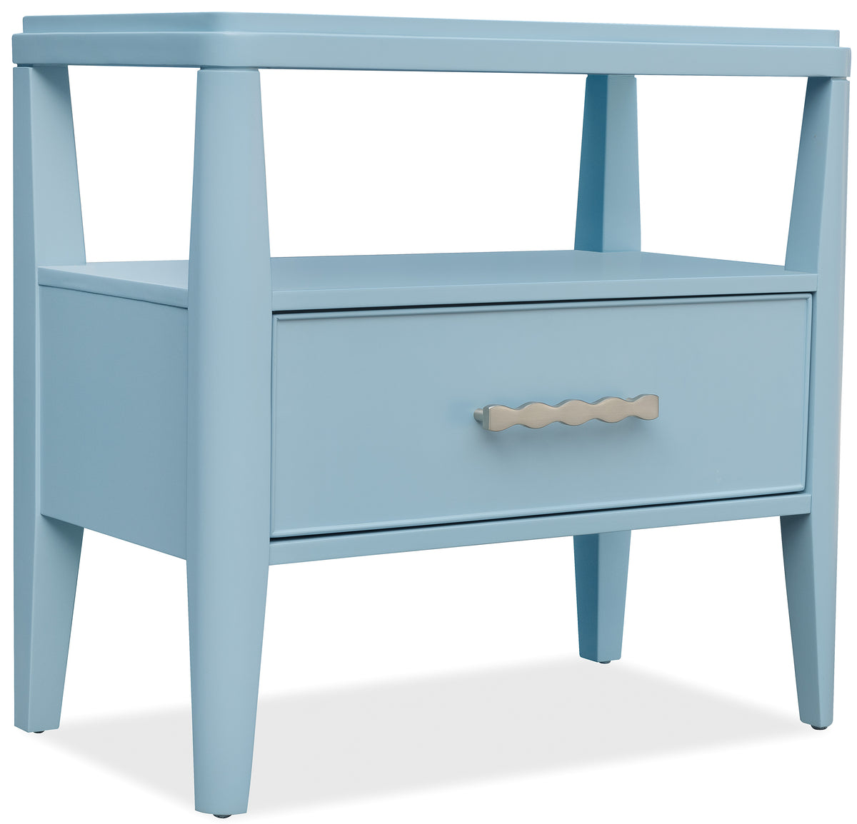a blue nightstand with a drawer