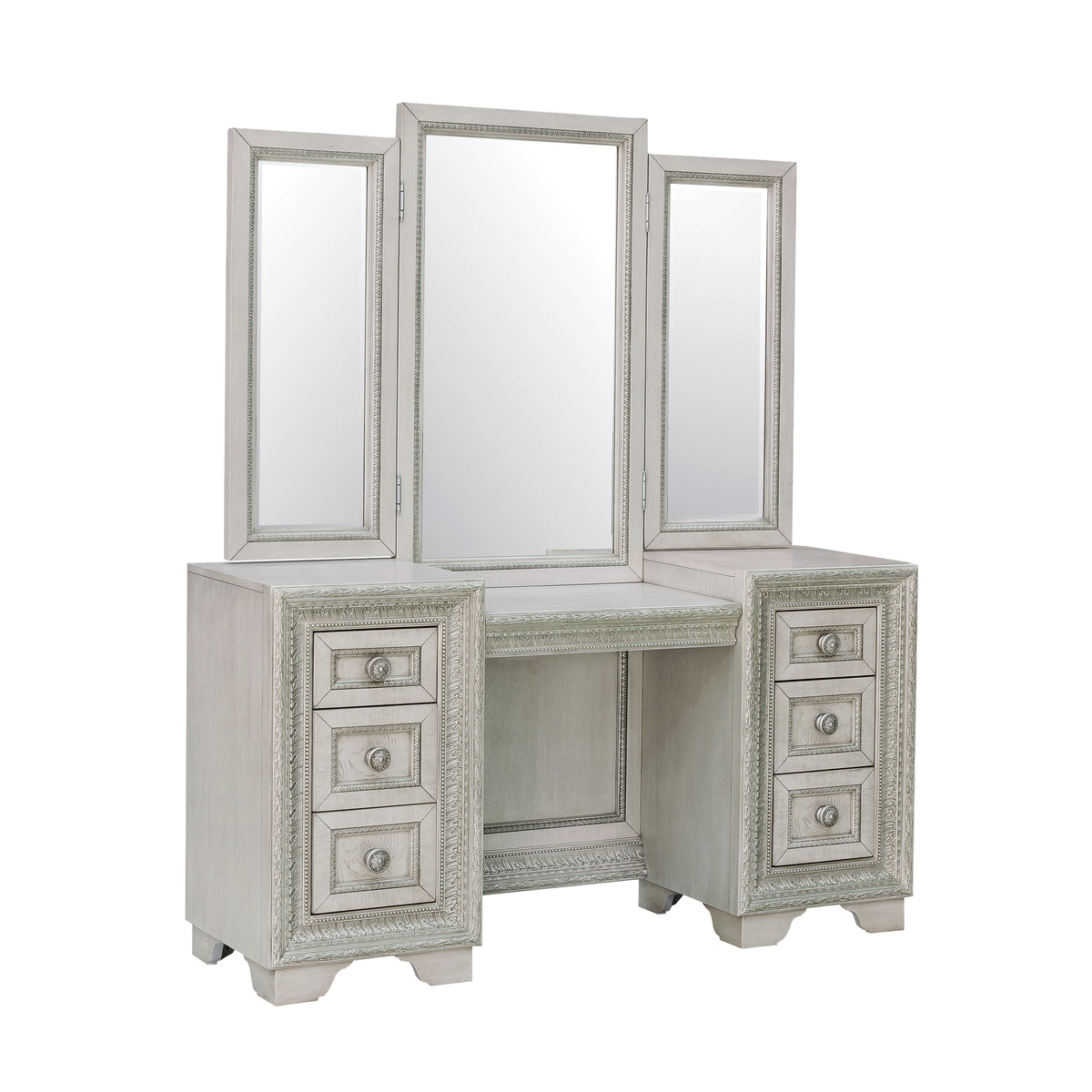 a white vanity with three mirrors