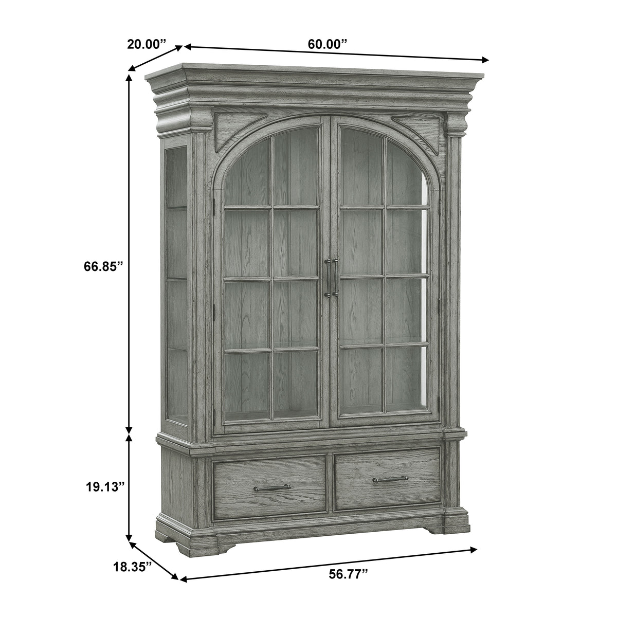 a tall cabinet with glass doors and drawers