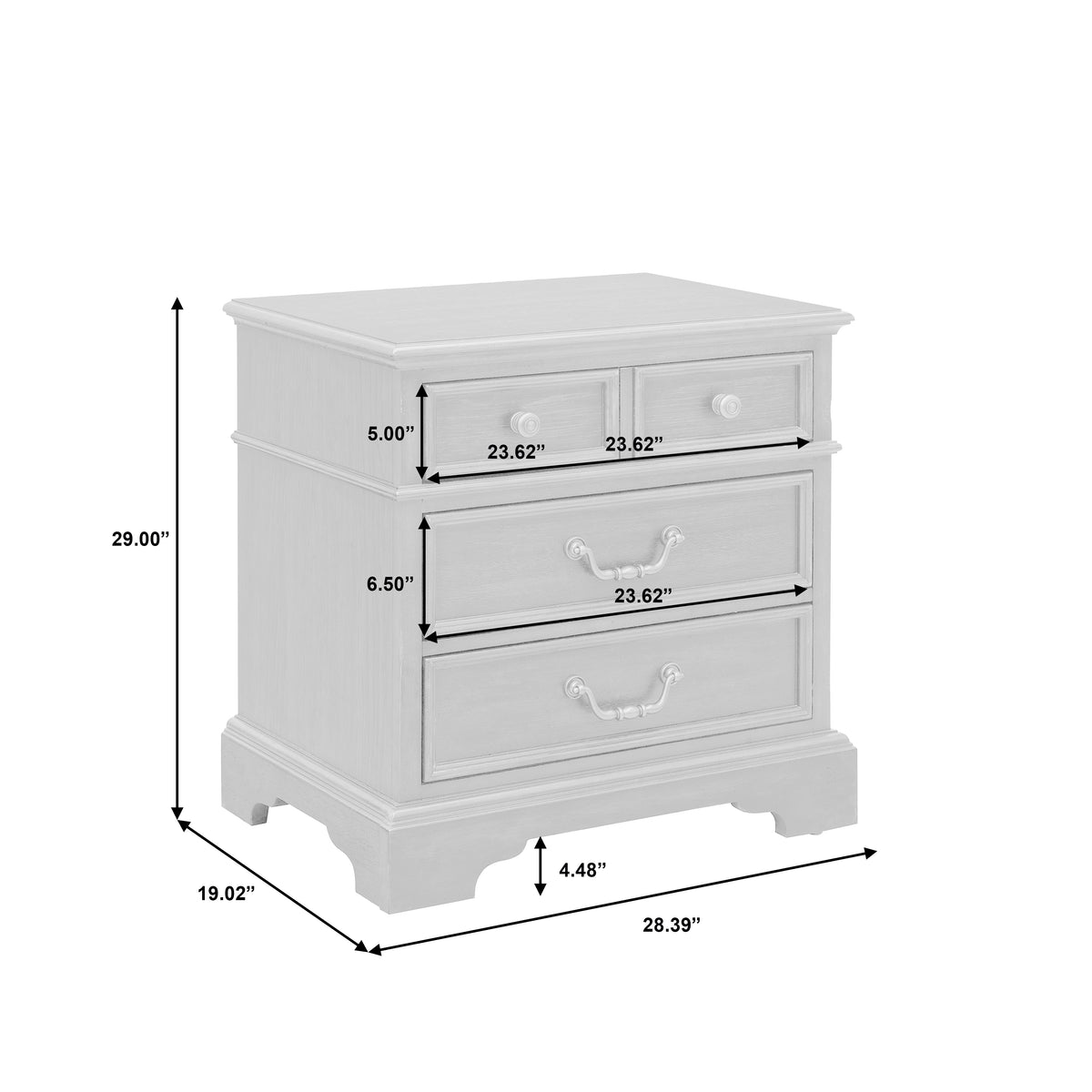 a white chest of drawers with sizes and measurements