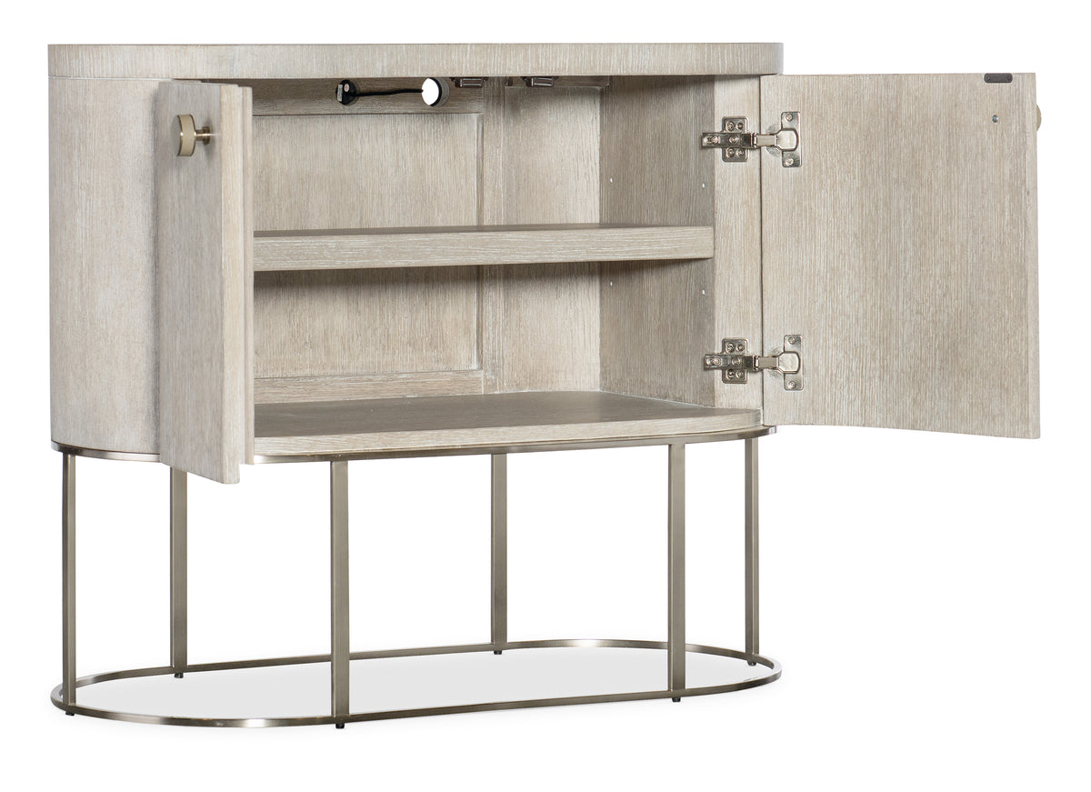 a white wood cabinet with a metal base