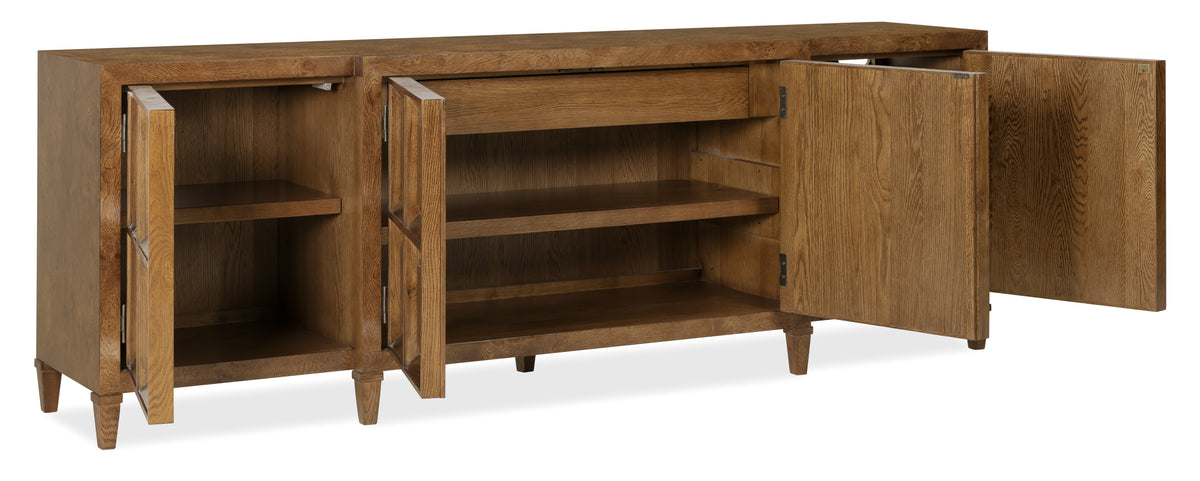 a wooden cabinet with open shelves