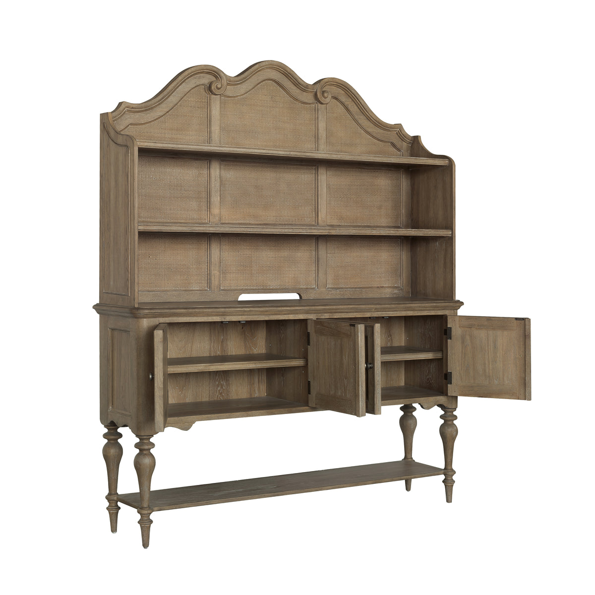 a wooden cabinet with open doors
