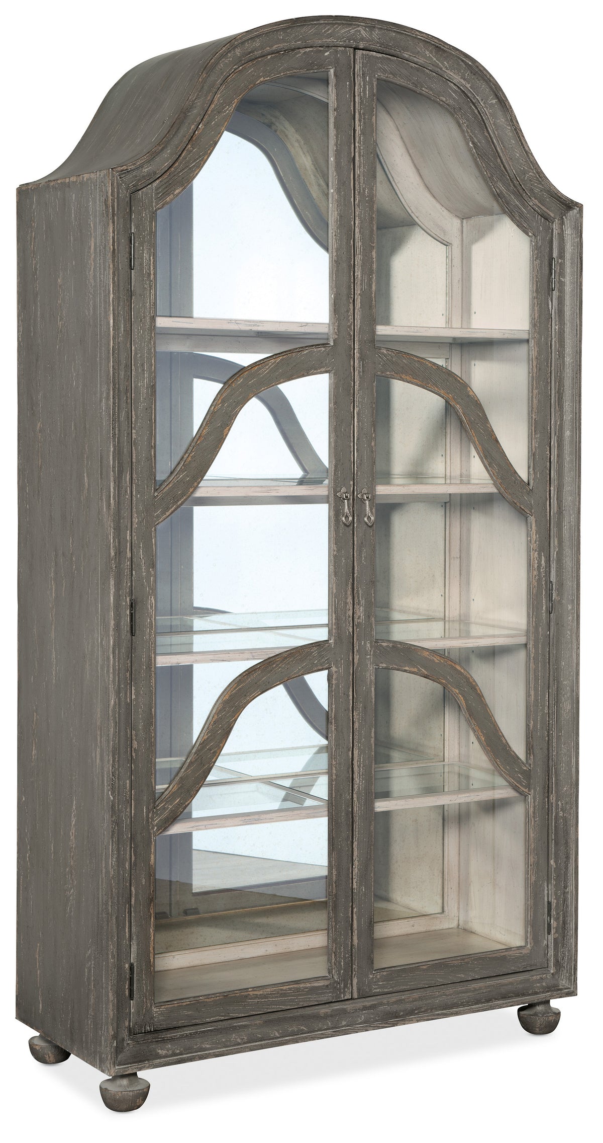 a wooden cabinet with glass doors