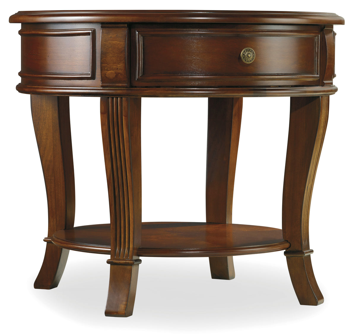 a round wooden table with a drawer