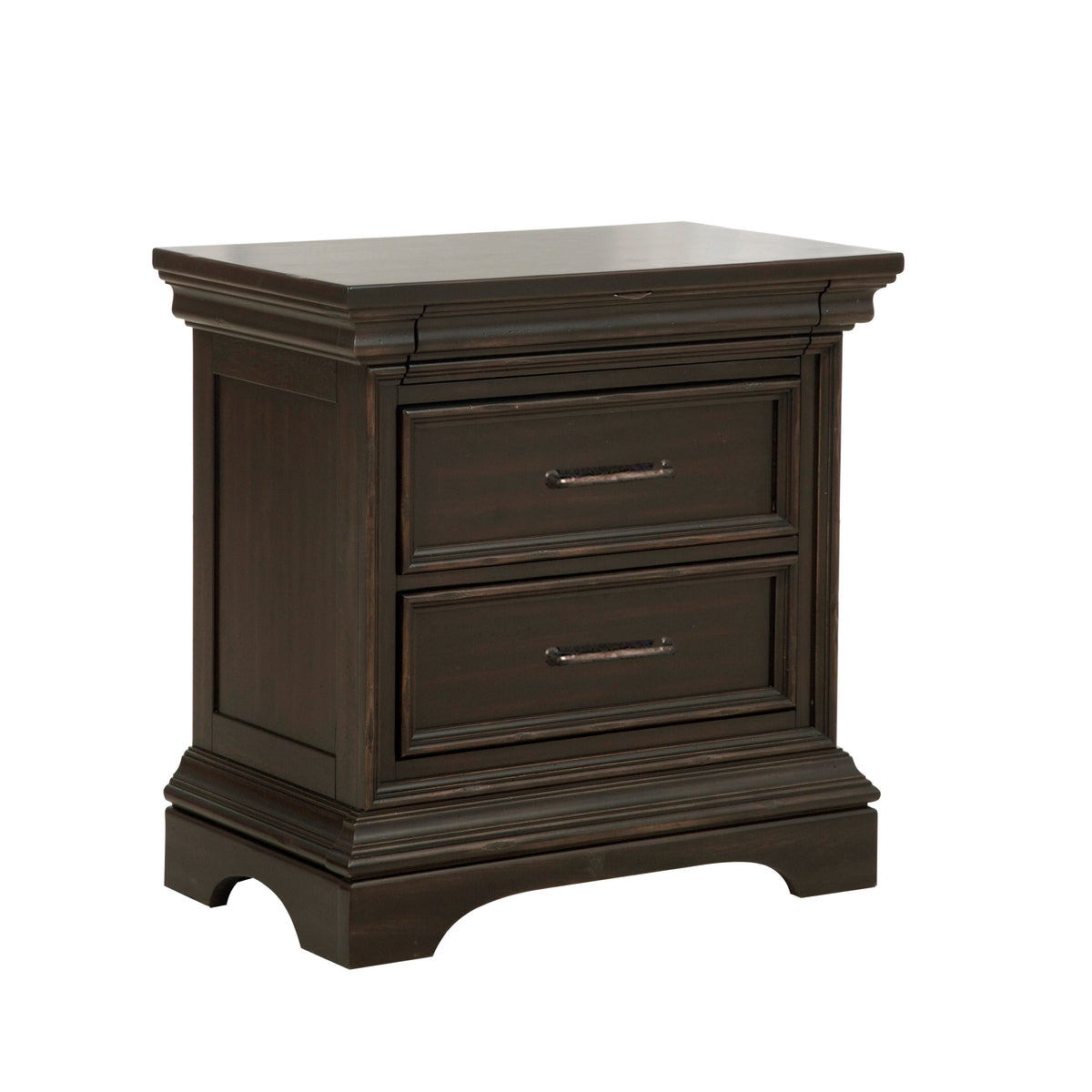a dark brown nightstand with three drawers
