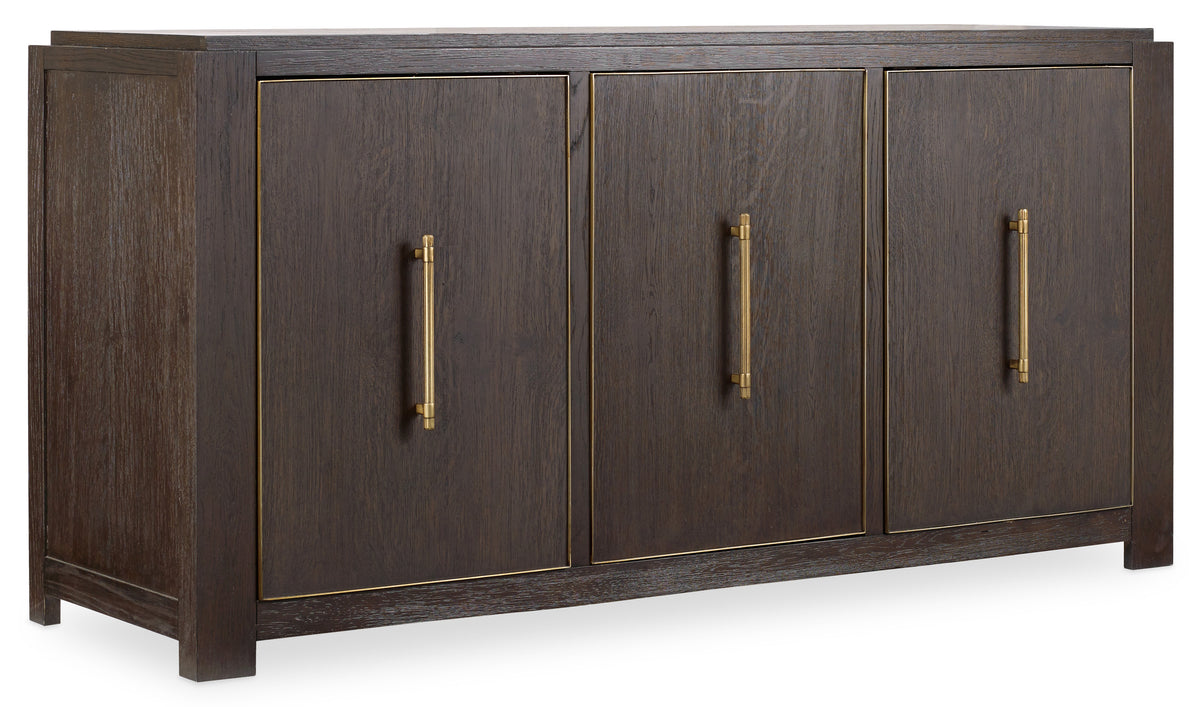 a brown cabinet with gold handles